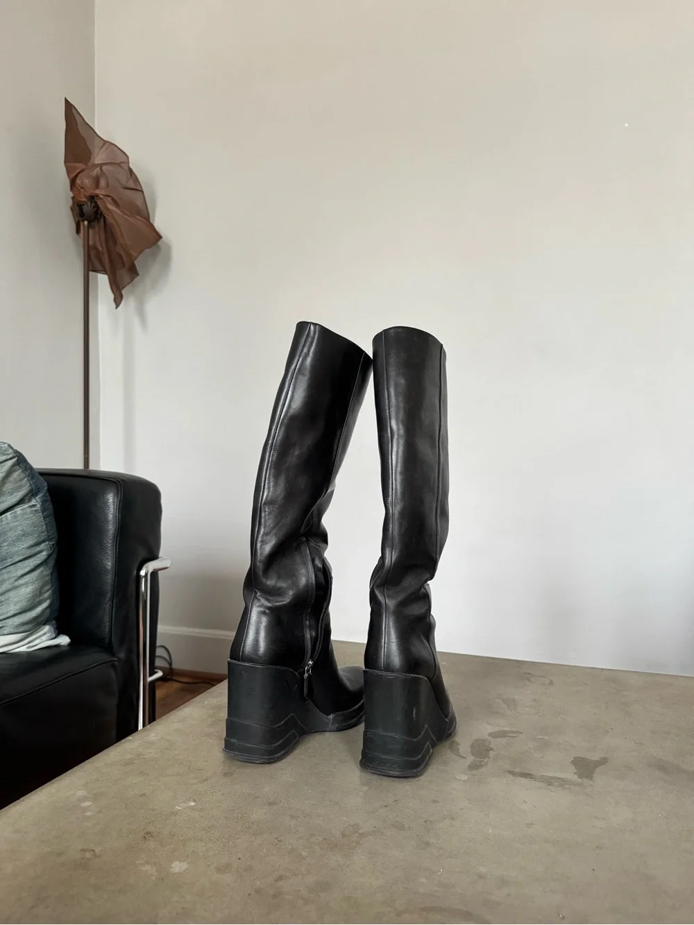 Prada Black Tall Leather Wedge Boots
